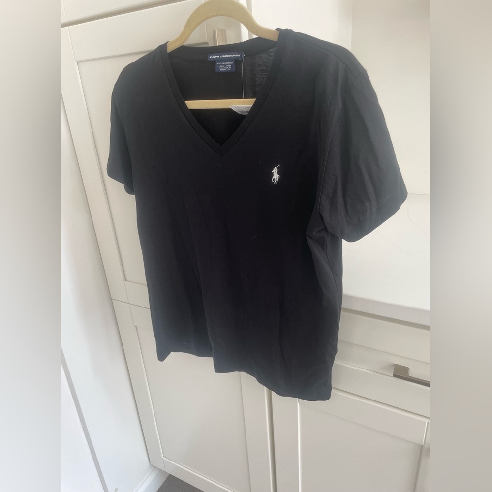 Ralph Lauren Sport 100% Cotton Black V Neck Women's Tee Shirt Top Large L NWT